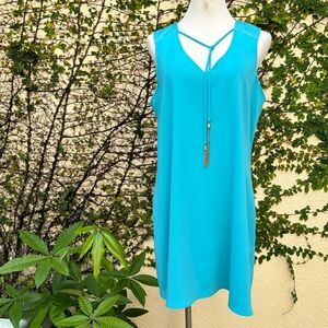 Trina Turk aquamarine sheath dress w/ front metal tassel ties